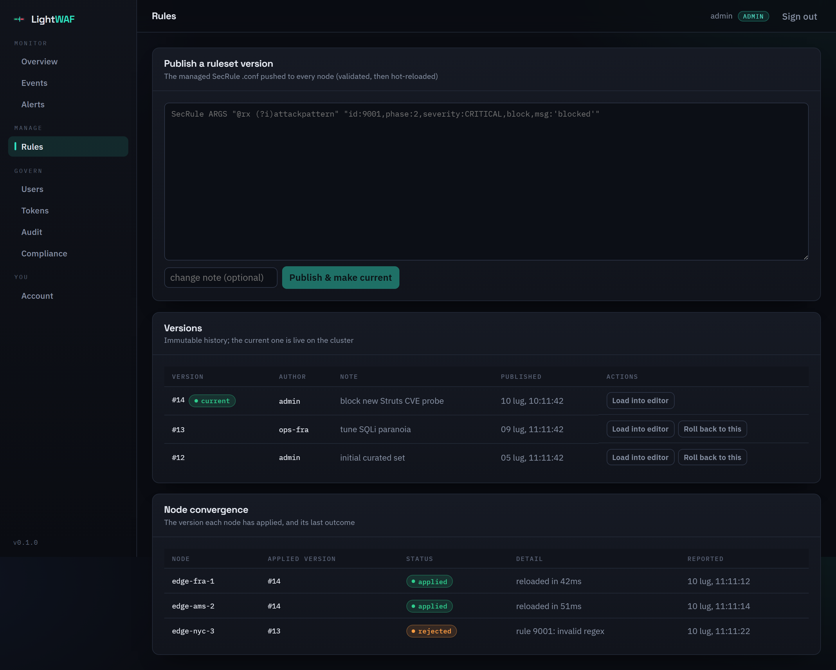 Rule management — versions, rollback, per-node convergence